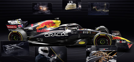 Grafiikka Red Bull -autosta, jonka kaikki sisäiset järjestelmät on korostettu